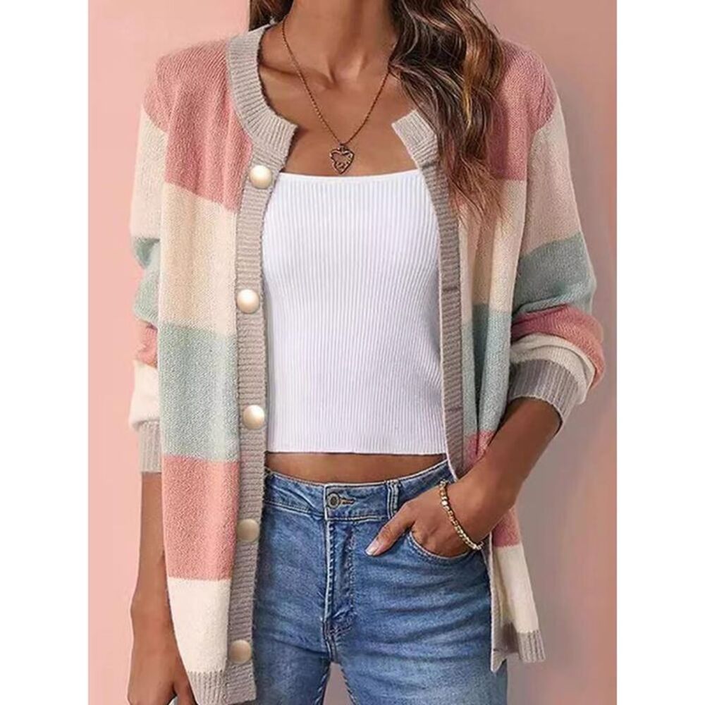 Everyday the Label Color Block Button-Up Knit Cardigan Women Dusty Pink - Picture 3 of 3